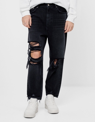 Bershka Jeans Loose Rotos Hombre 34 Negro