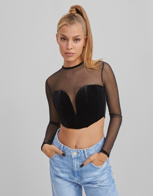 Bershka Camiseta Corset Combinada Mujer Xs Negro