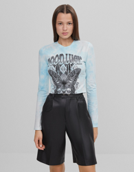 Bershka Camiseta Tie Dye Con Print Mujer L Azul Claro precio