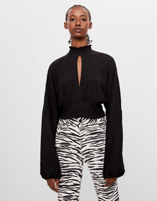 Bershka Camiseta Fruncido Abertura Mujer M Negro