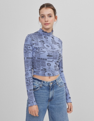 Bershka Camiseta Cuello Curly Mujer L Azul