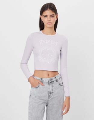 Bershka Camiseta Print Cropped Mujer M Morado