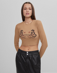 Bershka Camiseta Rib Print Mujer M Camel precio