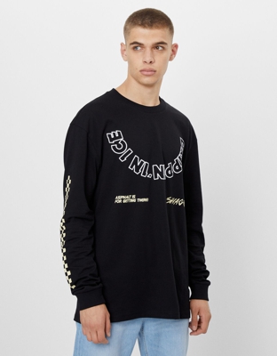 Bershka Camiseta Print Manga Larga Hombre Xl Negro
