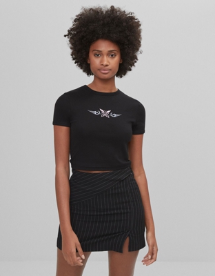 Bershka Camiseta Print Manga Corta Mujer M Negro