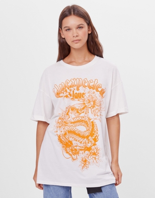 Bershka Camiseta Print Dragón Mujer M Blanco Roto