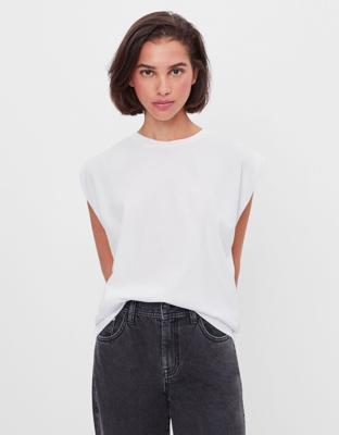 Bershka Camiseta Con Pliegues En Hombros Mujer M Blanco