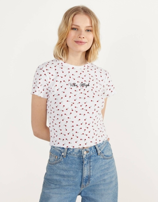 Bershka Camiseta Con Textura Y Estampado Mujer M Blanco Roto