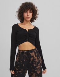 Bershka Camiseta Manga Larga Botones Y Frunce Mujer Xs Negro precio