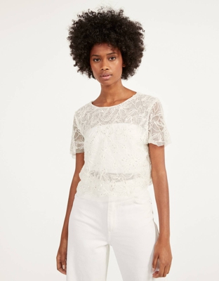 Bershka Camiseta Con Bordado Y Abalorios Mujer Xl Crudo