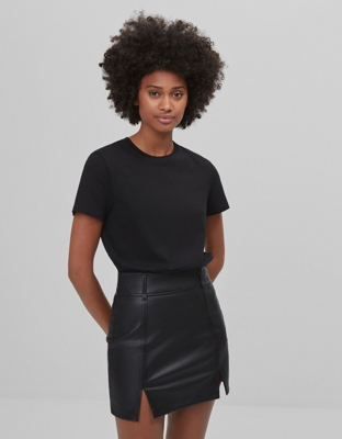 Bershka Camiseta Con Manga Corta Mujer L Negro