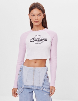 Bershka Camiseta Ranglán Print Mujer S Rosa