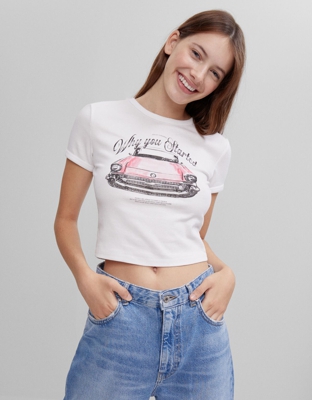 Bershka Camiseta Con Estampado Mujer Xs Rosa