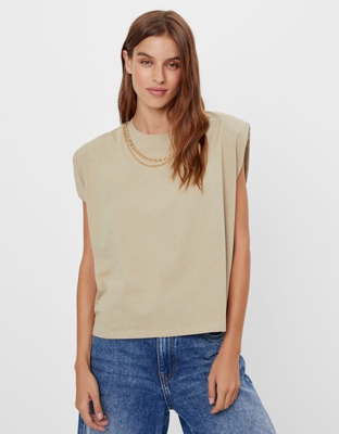 Bershka Camiseta Hombros Y Cadena Mujer Xs Kaki