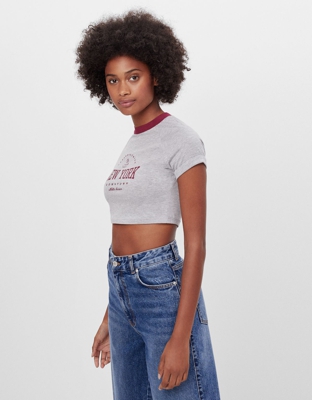 Bershka Camiseta Cuello Contraste Mujer Xs Gris