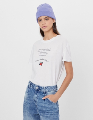 Bershka Camiseta Con Estampado Mujer L Blanco Roto
