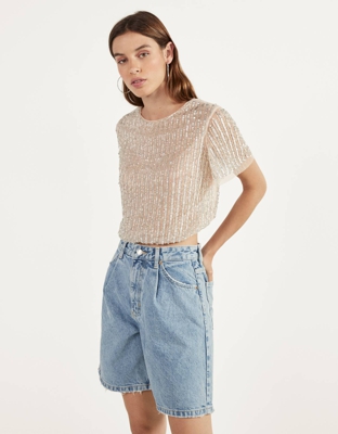 Bershka Camiseta Transparente Con Abalorios Mujer M Rosa