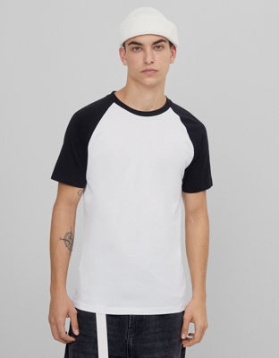 Bershka Camiseta Con Manga Ranglán Hombre L Blanco/Negro