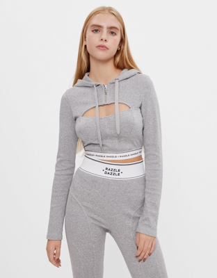 Bershka Camiseta Rib Con Capucha Mujer L Gris