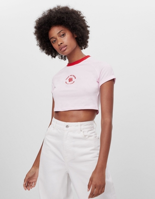 Bershka Camiseta Cuello Contraste Mujer M Rosa