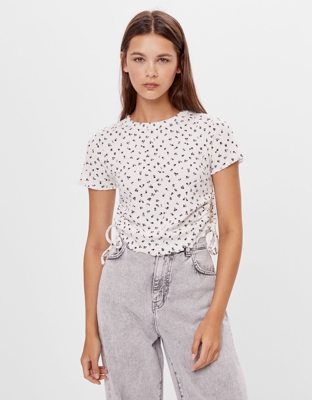 Bershka Camiseta Fruncidos Laterales Mujer M Blanco Roto