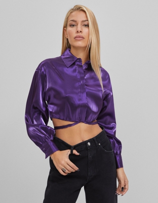 Bershka Camiseta Cropped Tiras Mujer M Morado