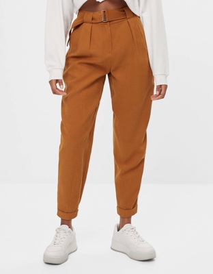 Bershka Pantalón Bombacho Tencel ® Mujer L Cuero