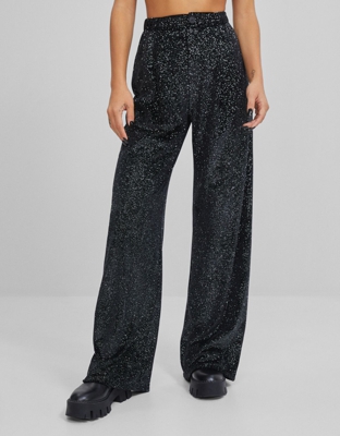 Bershka Pantalón Wide Leg Terciopelo Glitter Mujer L Negro