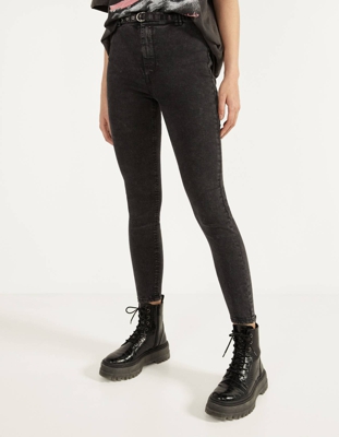 Bershka Pantalón High Waist Con Cinturón Mujer 34 Gris