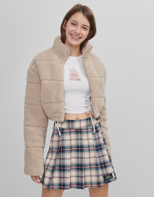 Bershka Cazadora Puffy Cropped Borreguito Mujer S Arena