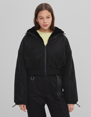 Bershka Cazadora Reversible Nylon Y Pelo Mujer S Negro