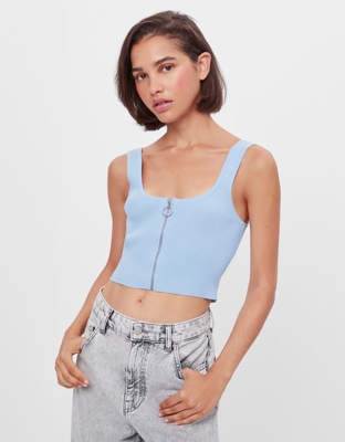 Bershka Top Cropped Cremallera Mujer Xs Azul Claro