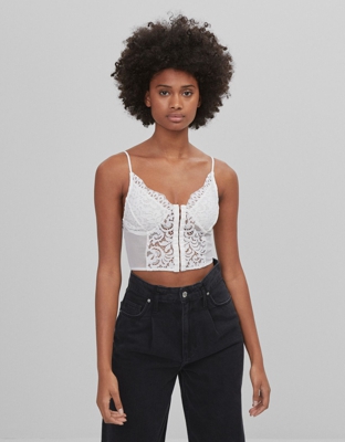 Bershka Top Corset Encaje Mujer M Crudo