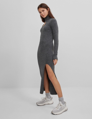 Bershka Vestido Midi Cuello Alto Mujer L Gris