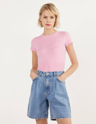 Bershka Camiseta De Manga Corta Y Canalé Mujer M Rosa precio