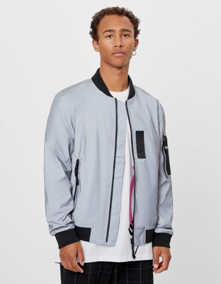 Bershka Cazadora Bomber Reflectante Hombre L Plata