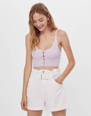 Bershka Short Paperbag Con Cinturón Mujer 36 Blanco