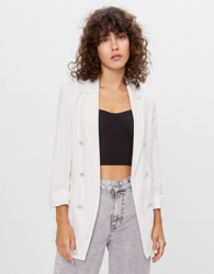 Bershka Blazer Con Manga Roll-Up Mujer Xs Blanco Roto precio