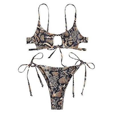 ZAFUL Juego de bikini acolchado, dos piezas, estampado de leopardo, corbata, triangular, bikini marrón M