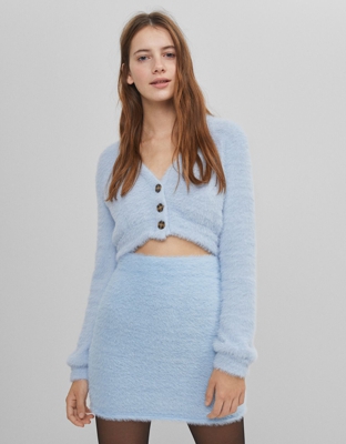Bershka Falda Mini Efecto Pelo Mujer L Azul Claro