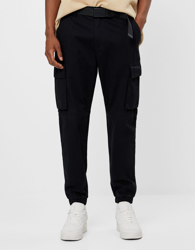 Bershka Pantalón Cargo Con Cinturón Hombre Xs Negro en oferta