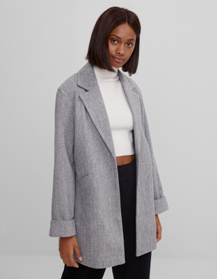Bershka Abrigo Corto Recto Mujer Xs Gris