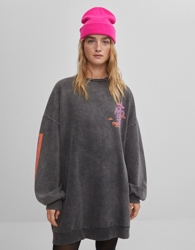 Bershka Sudadera Long Fit Print Mujer L Negro características