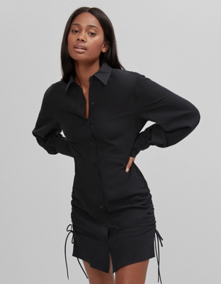 Bershka Vestido Camisero Frunces Mujer S Negro