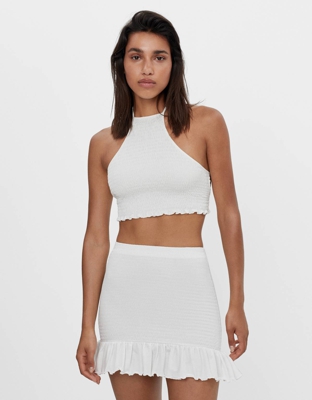 Bershka Falda Goma Volantes Mujer S Blanco