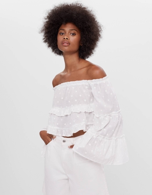 Bershka Blusa Manga Capa Volantes Mujer S Crudo