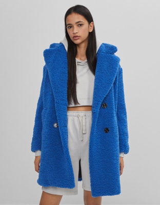 Bershka Abrigo Borreguito Cruzado Mujer Xs-S Azul