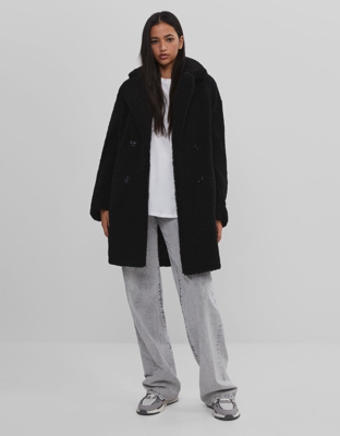 Bershka Abrigo Borreguito Cruzado Mujer M-L Negro