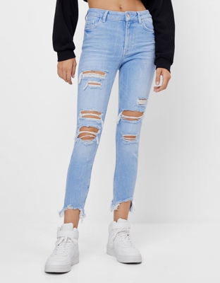 Bershka Jeans Skinny Mid Waist Rotos Mujer 38 Azul