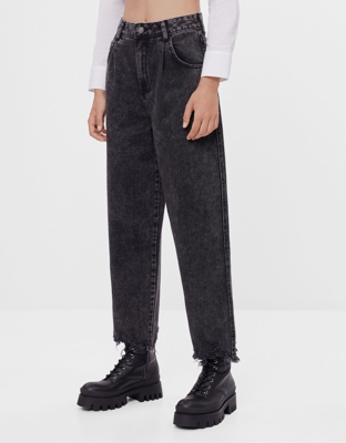 Bershka Jeans Balloon Desflecado Mujer 40 Gris